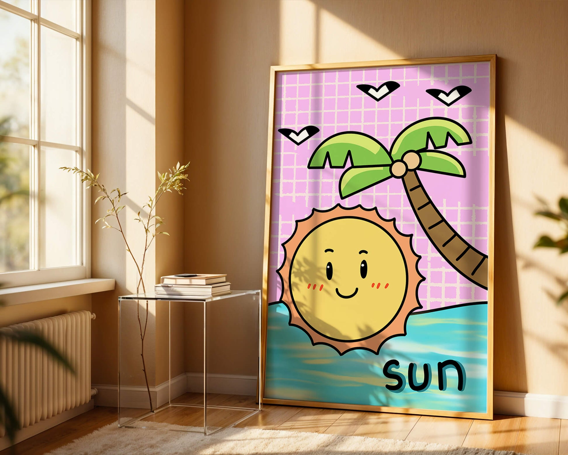 Cartoon sun with palm tree and ocean scene