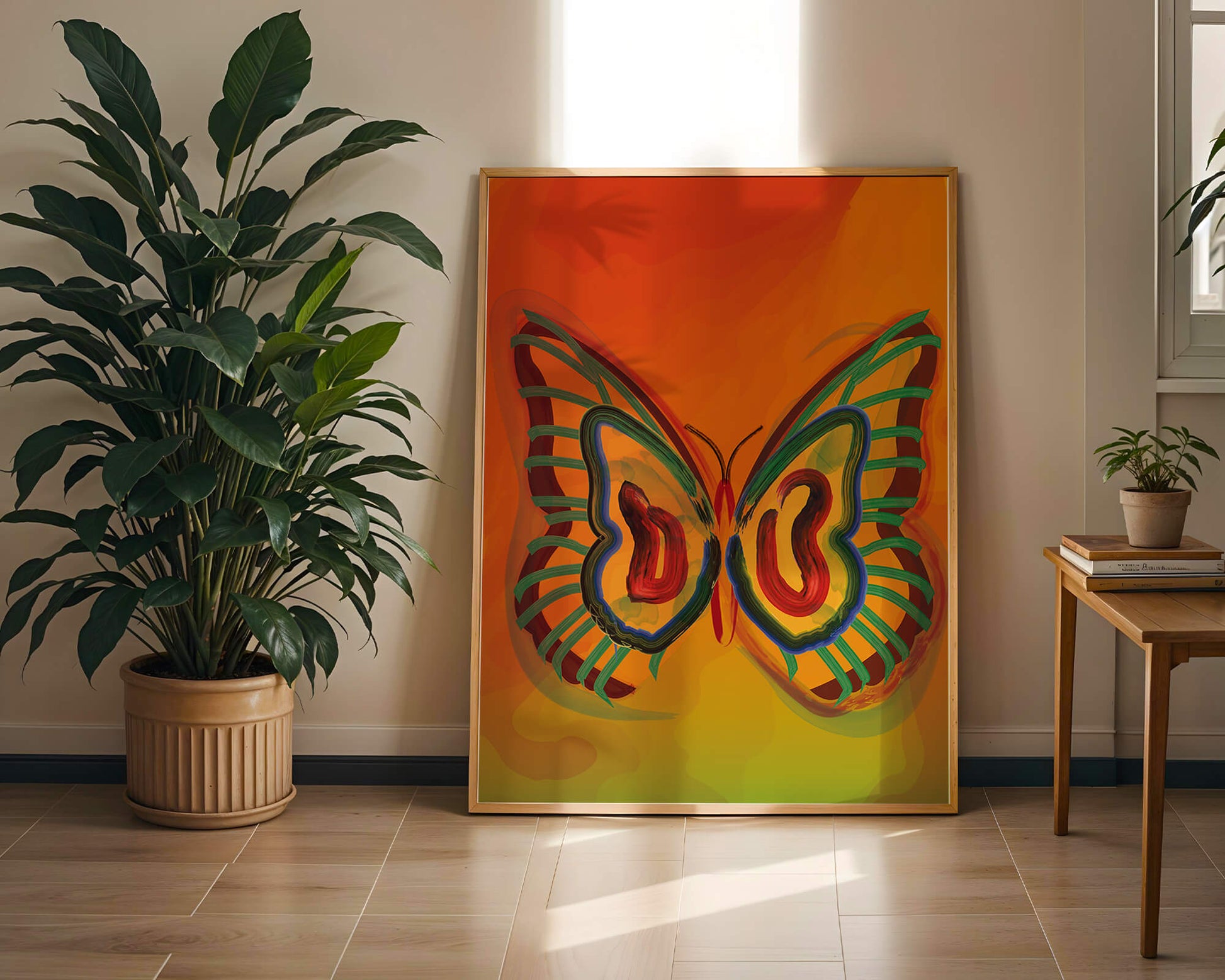 Vibrant butterfly depiction with colorful abstract background