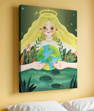 Illustration de la nature paisible avec une figure céleste tenant la Terre