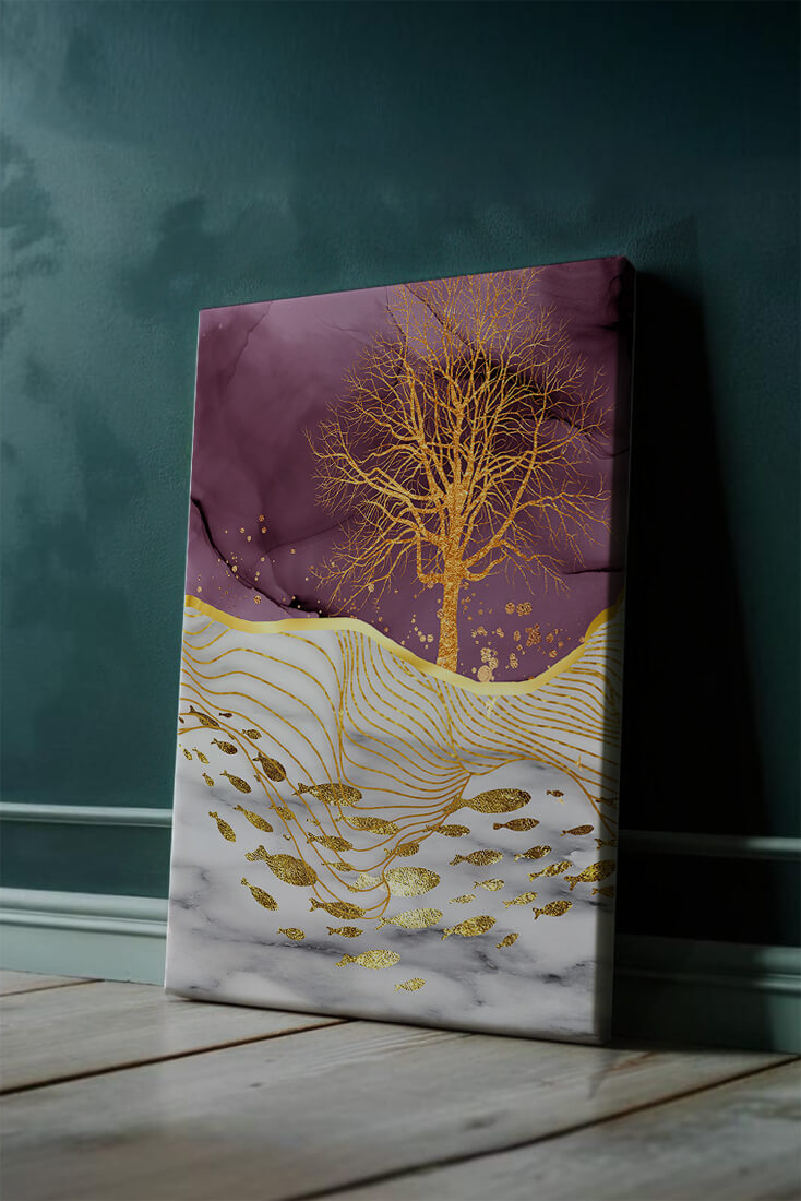 Abstract Tree with Gold Fish on Marble Background
