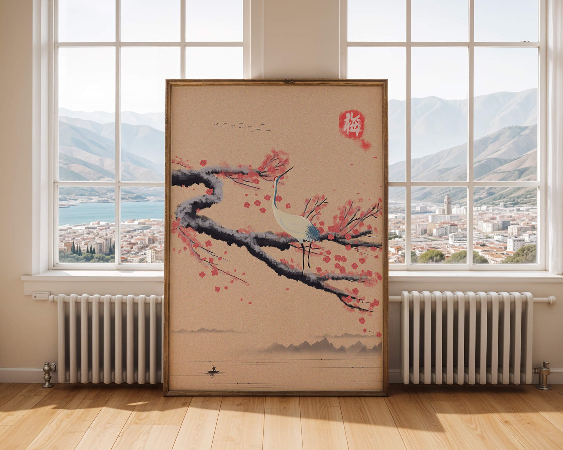 Elegant crane on cherry blossom branch with serene landscape