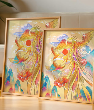 Colorful phoenix soaring in a dreamlike sky with vibrant flowers and mountains