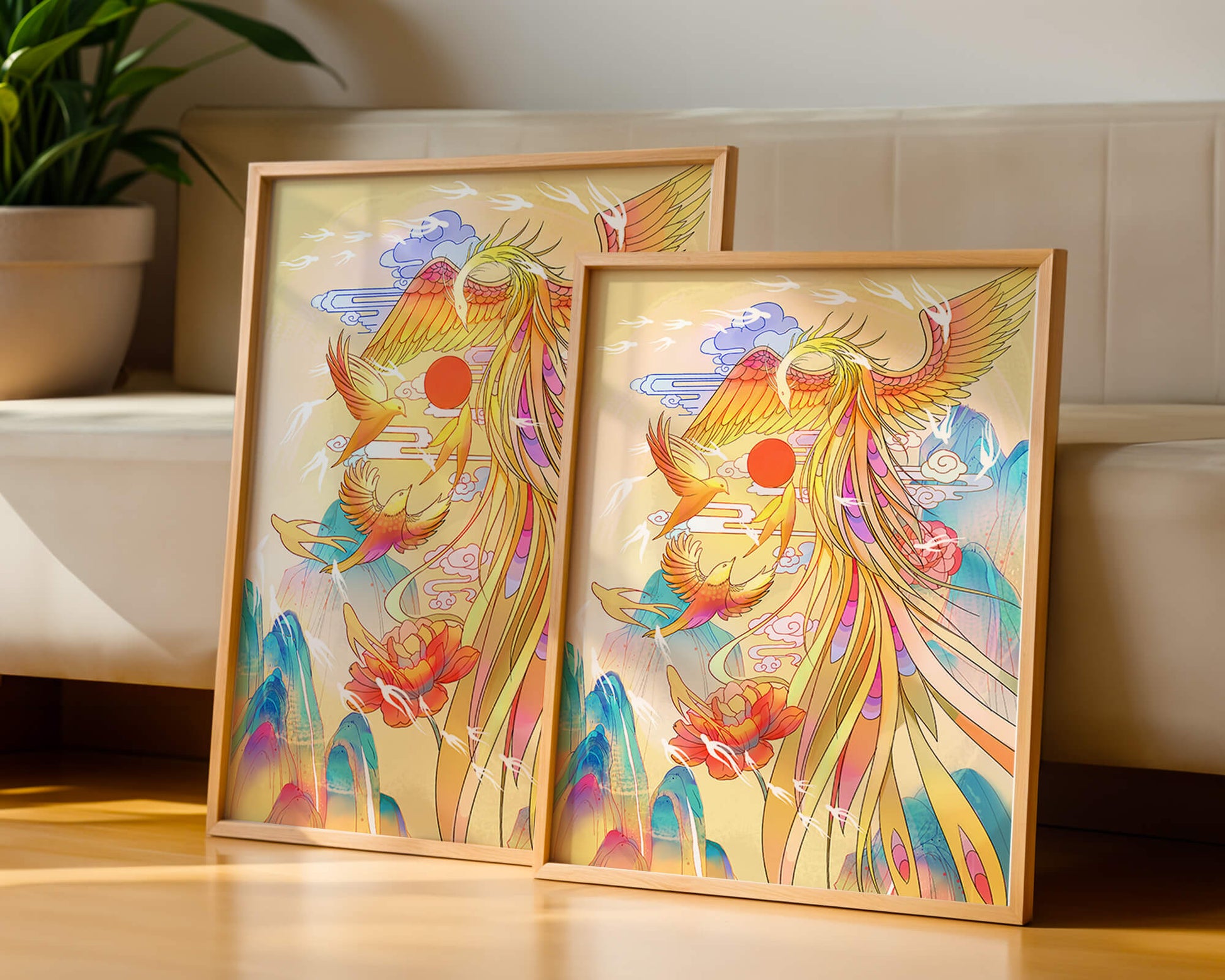 Colorful phoenix soaring in a dreamlike sky with vibrant flowers and mountains