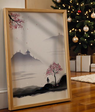 Paisaje sereno con árbol de cerezo y pagodas distantes