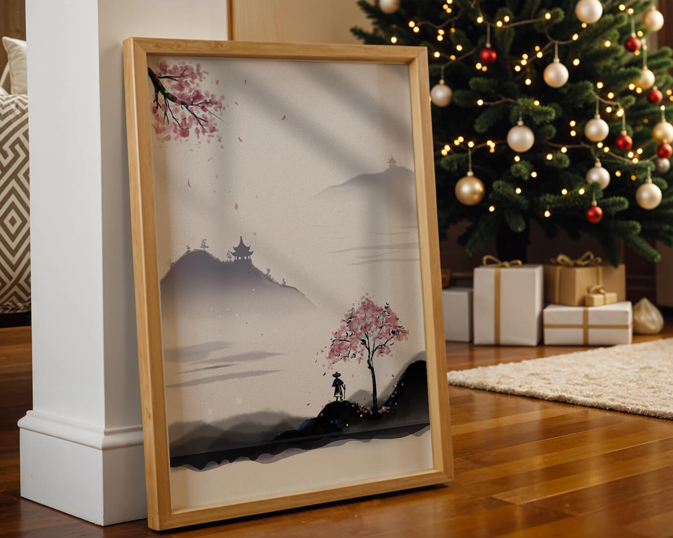 Paisaje sereno con árbol de cerezo y pagodas distantes