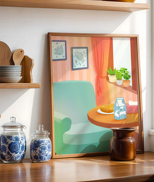 Sala de estar acogedora con mesa y cartón de leche