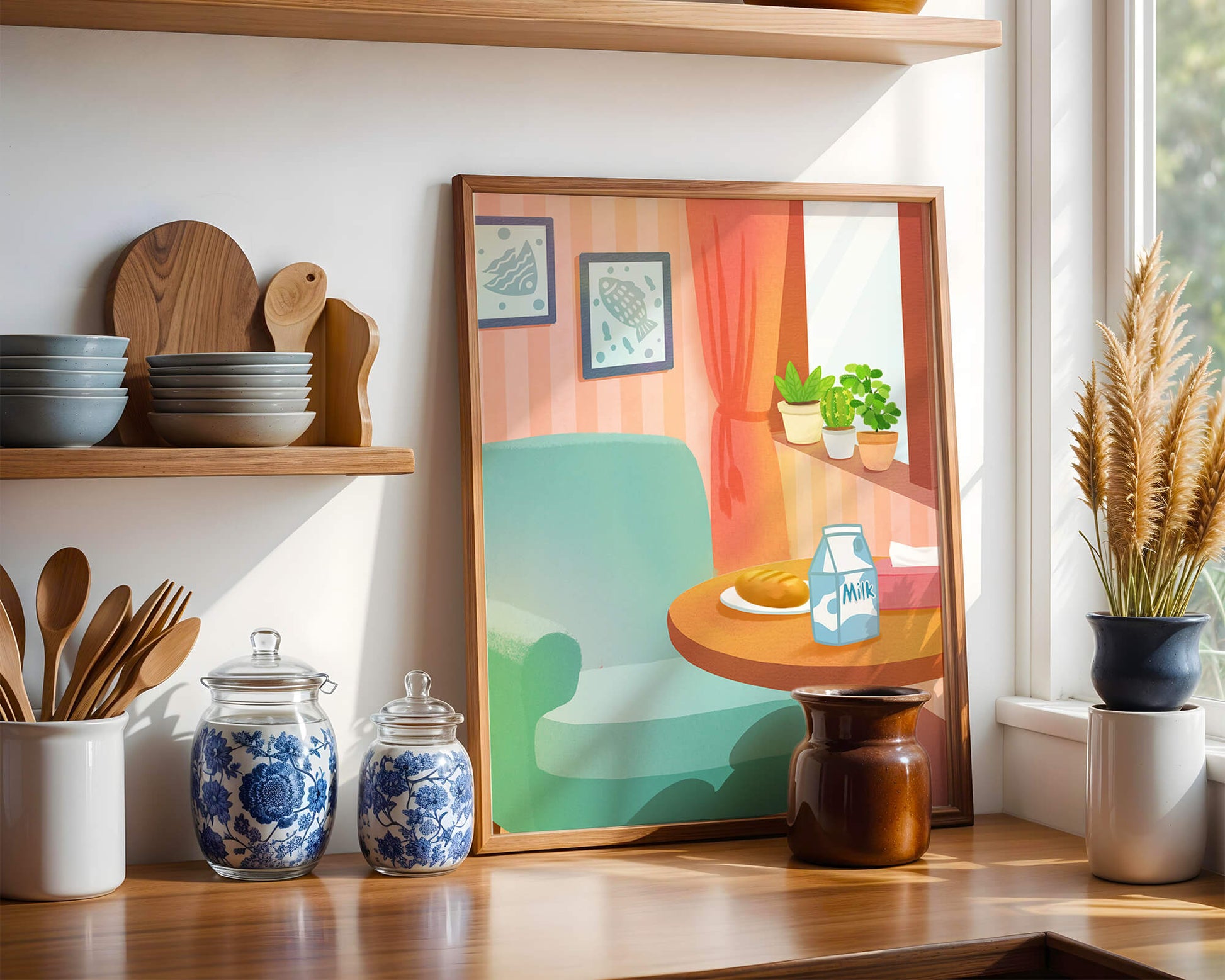 Sala de estar acogedora con mesa y cartón de leche