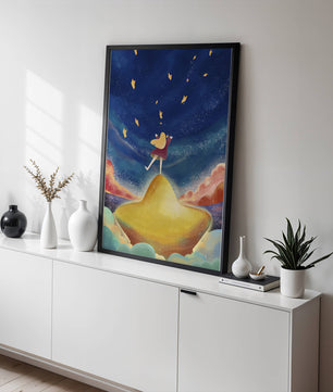 Girl standing on a golden hill reaching for stars in a dreamy night sky