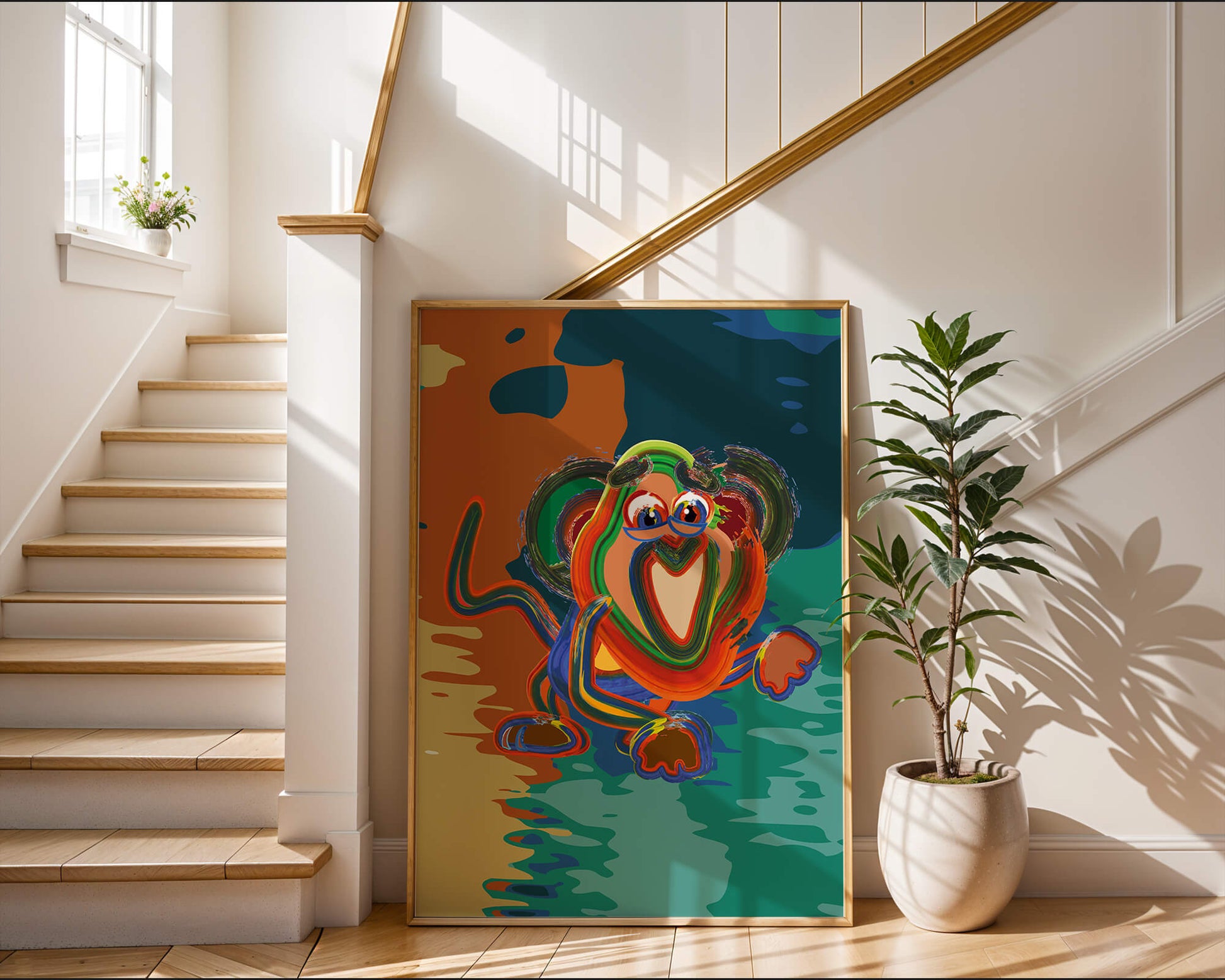 Ilustración abstracta y colorida de un mono con pinceladas audaces