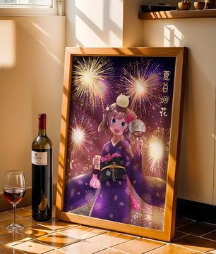 Girl in Yukata Celebrating Fireworks Festival with Cat and Fan