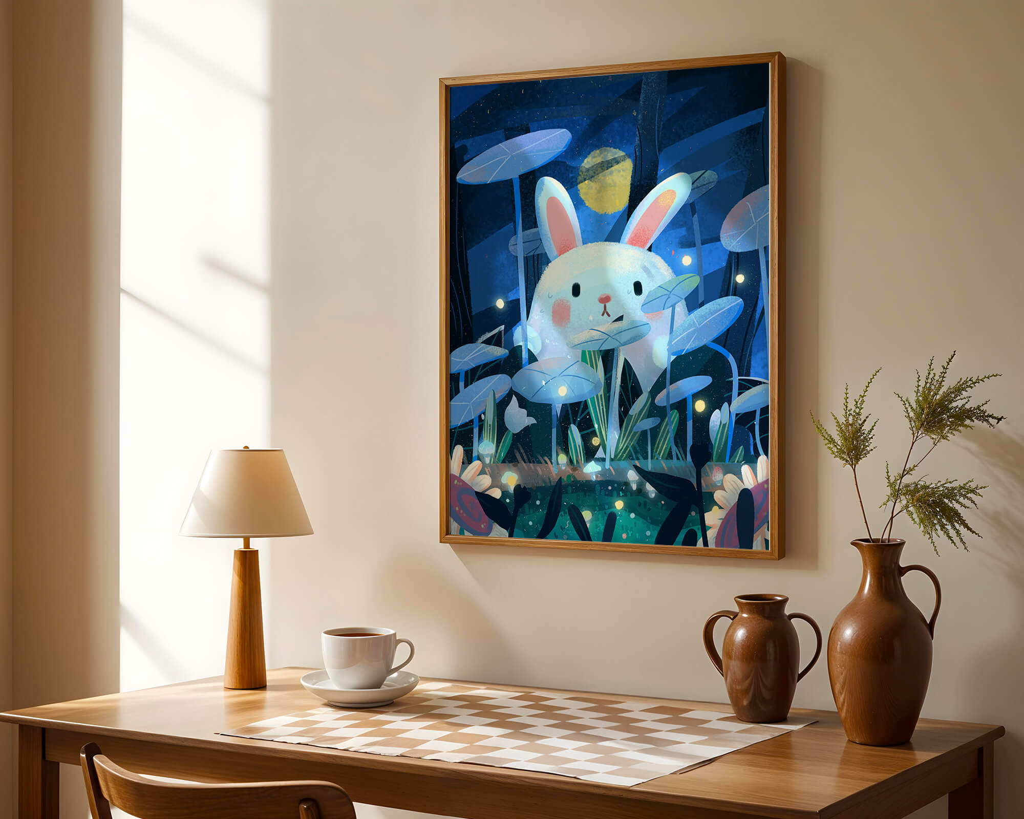 Cute rabbit in a dreamy moonlit forest