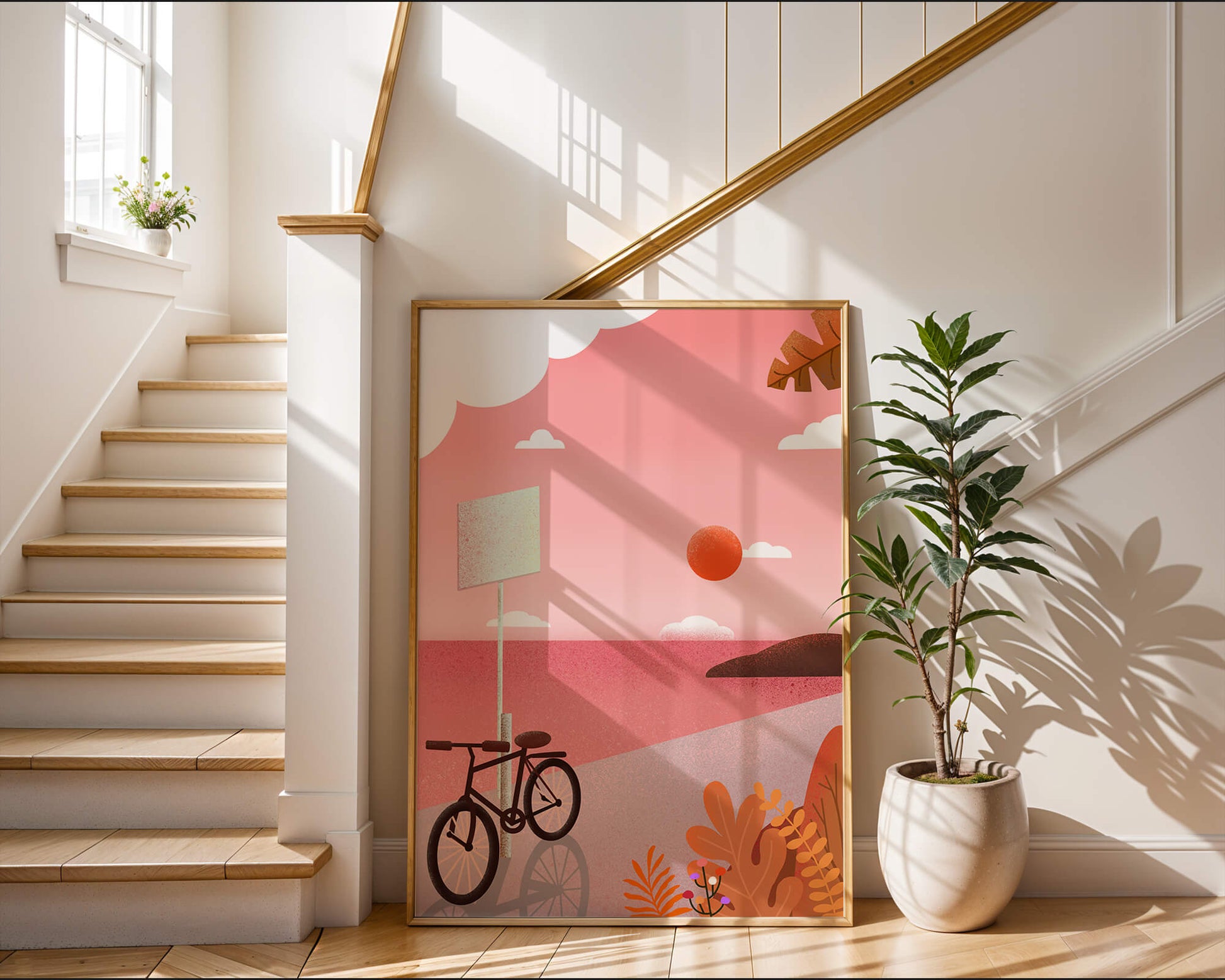 Serene sunset with bicycle by the sea in pastel colors