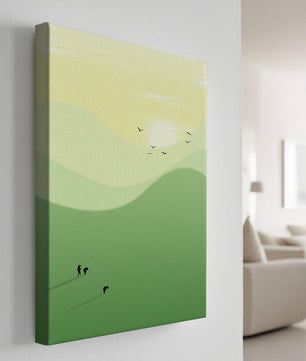 Paisaje minimalista con figuras silueteadas y aves al atardecer
