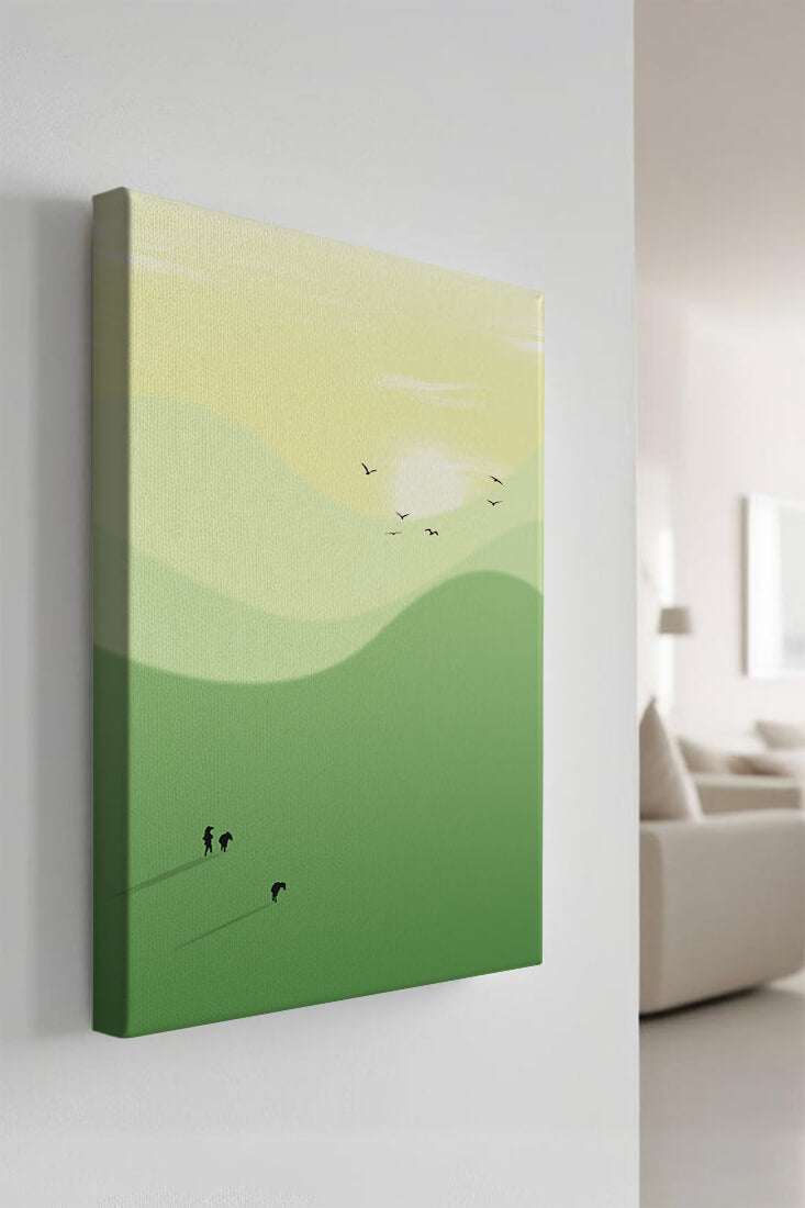 Paisaje minimalista con siluetas de personas y pájaros al atardecer