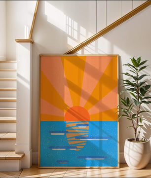 A vibrant sunrise illustration over the ocean with colorful rays
