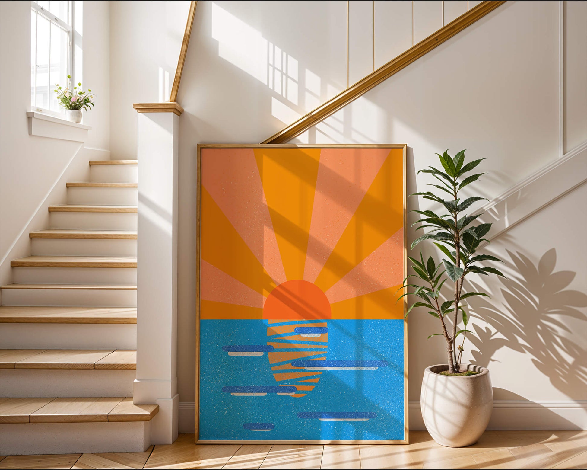 A vibrant sunrise illustration over the ocean with colorful rays