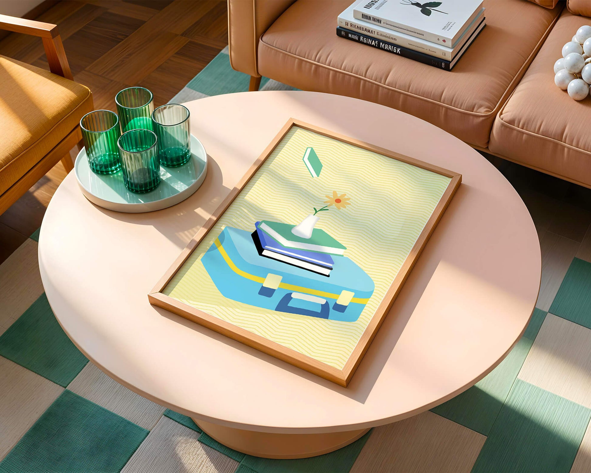 Colorful still life with books, flower vase, and suitcase