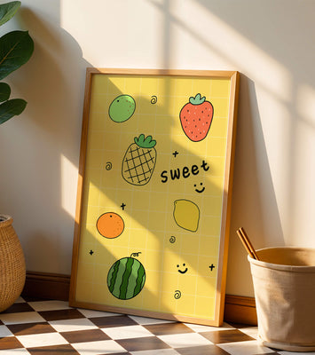 Playful fruit pattern on yellow grid background