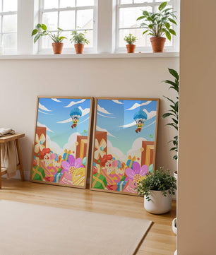 Colorful illustration with presents and children playing under a blue sky