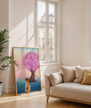 Serene scene with cat and blossoming cherry tree at sunrise