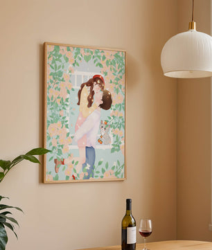 Romantic Kiss Amidst Blooming Flowers And Playful Cat