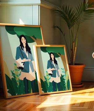 Illustrative portrait of a woman in a stylish outfit with nature backdrop