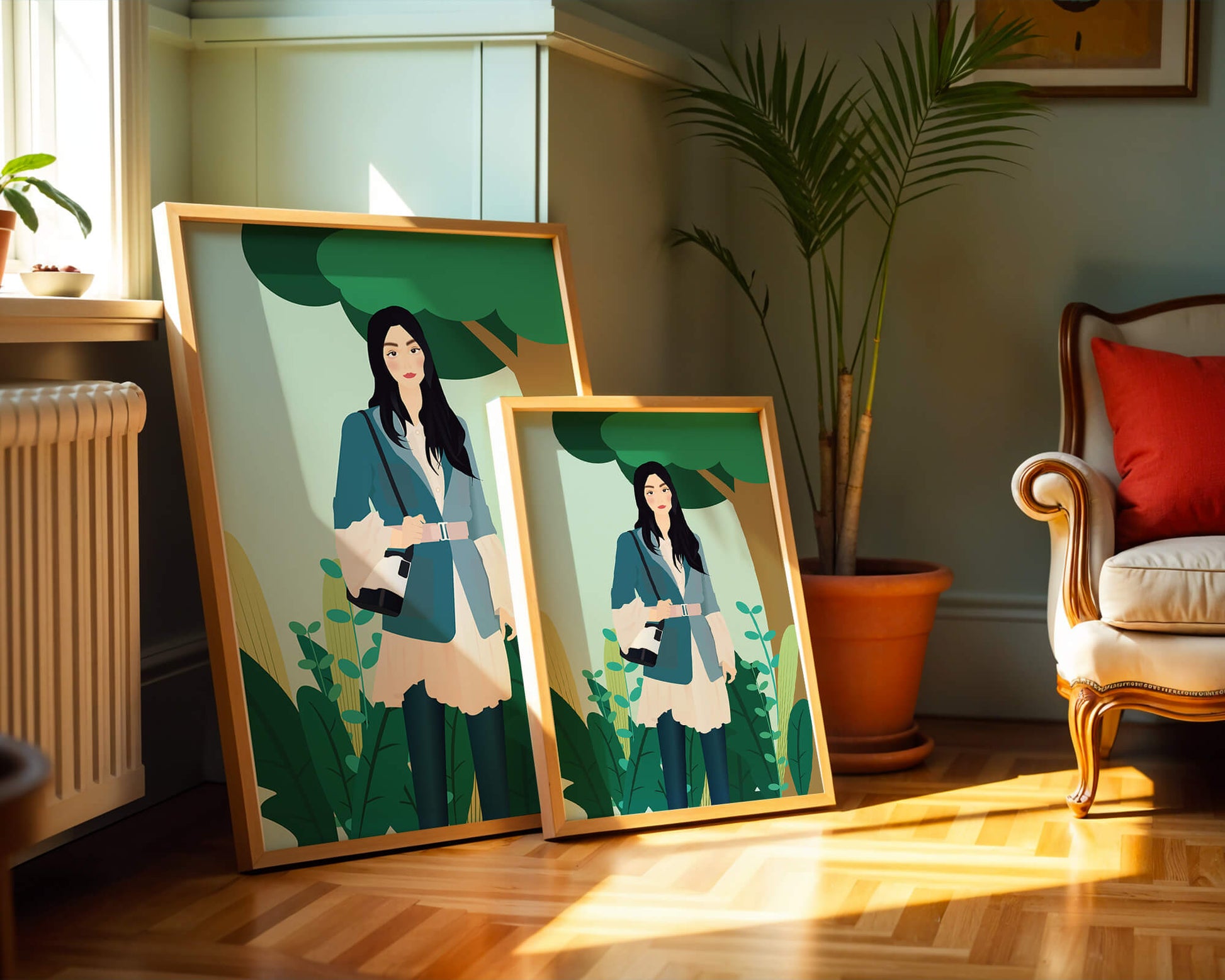 Illustrative portrait of a woman in a stylish outfit with nature backdrop