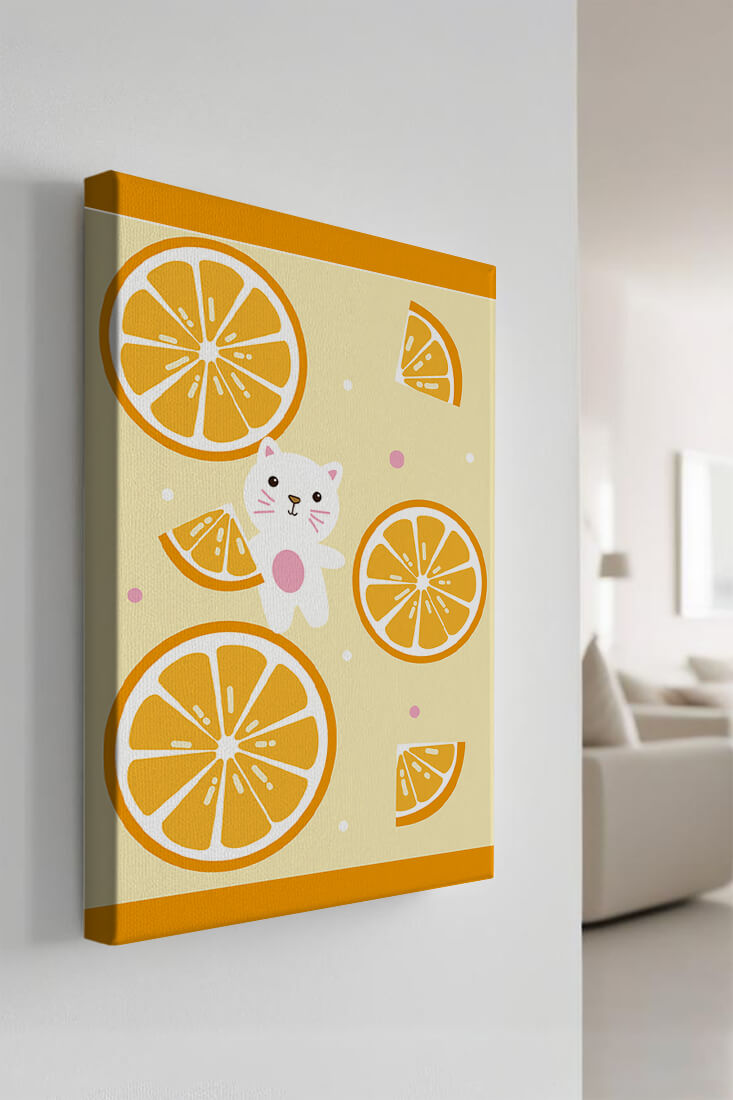 Illustration of a playful cat with orange slices on a colorful background