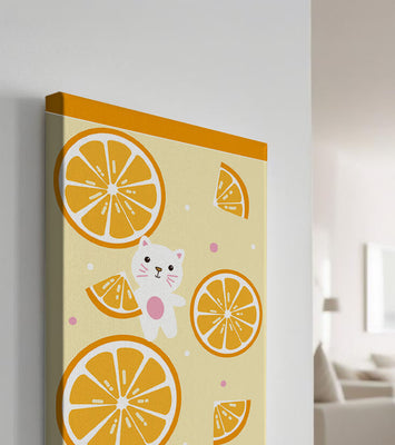 Illustration of a playful cat with orange slices on a colorful background