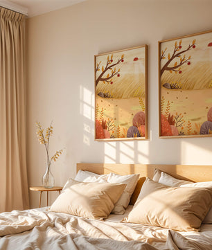 Autumn landscape illustration with apple tree and sunrise in a serene field