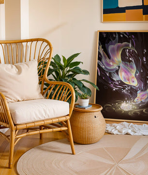 Colorful Koi Fish in a Dreamlike Underwater Scene with Illuminated Elements