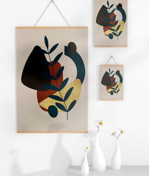 Abstract Botanical Composition with Geometric Shapes and Gold Accent - Mi tienda