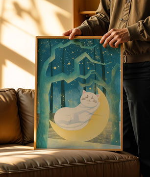 Cat sleeping on the moon in an enchanted forest under the starry sky
