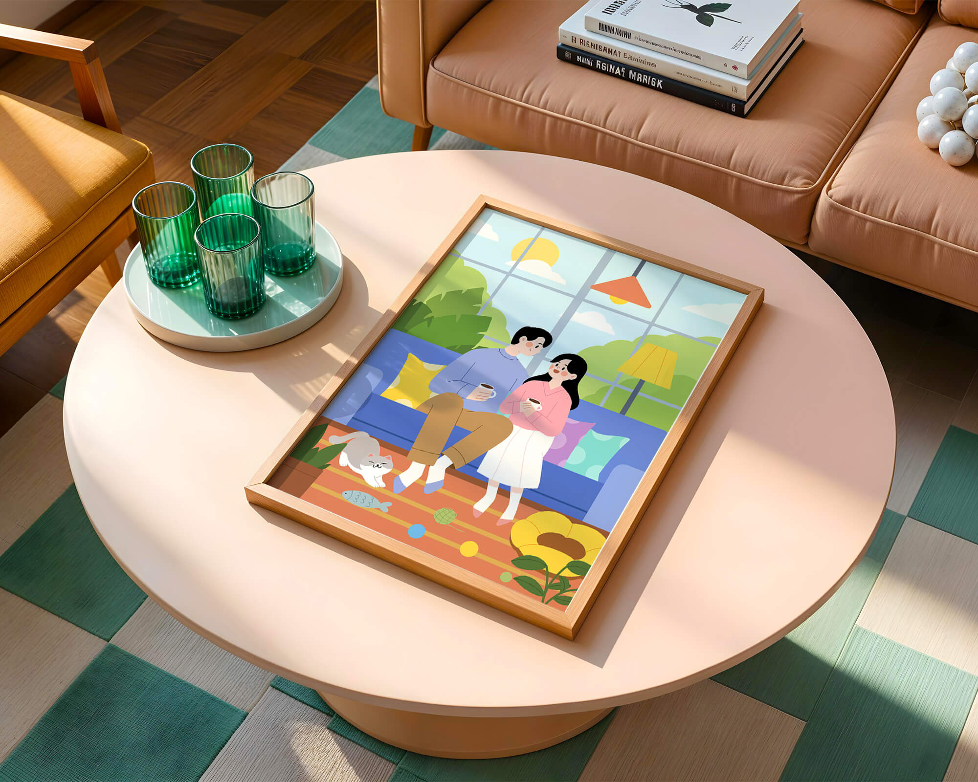 Cozy living room scene with couple and playful cat
