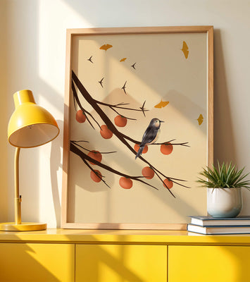 Bird Perched on Branch with Red Fruits and Flying Leaves