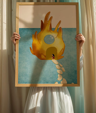 Casa encantada con forma de llama dorada sobre fondo azul claro.