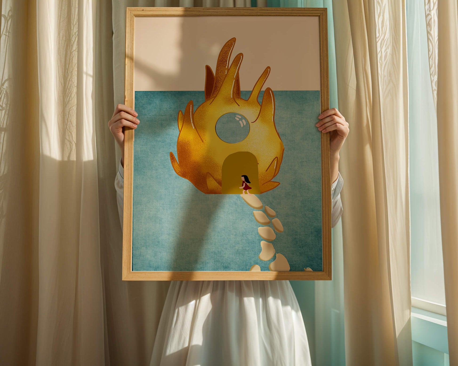Enchanted House With Golden Flame Shape On Light Blue Background