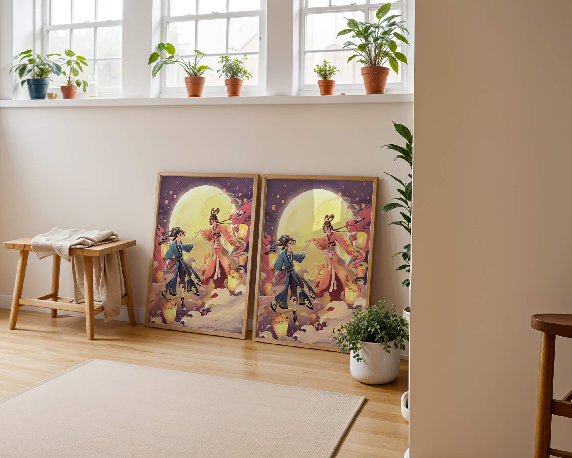 Elegant moonlit fantasy scene with traditional attire