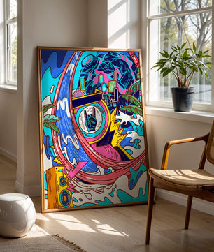 Vibrant abstract art with waves and neon elements