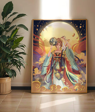Elegant fantasy illustration with celestial elements and rabbit