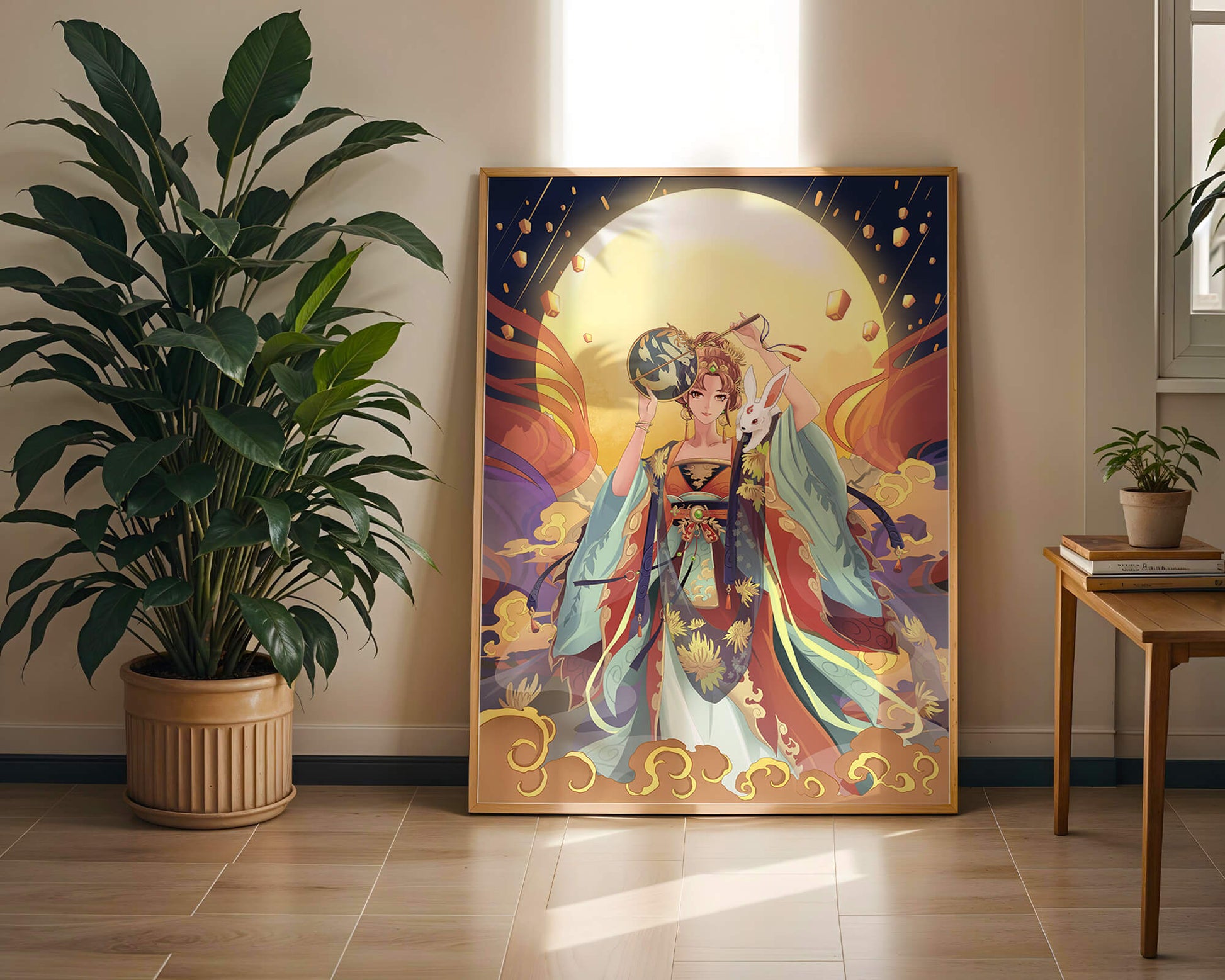 Elegant fantasy illustration with celestial elements and rabbit
