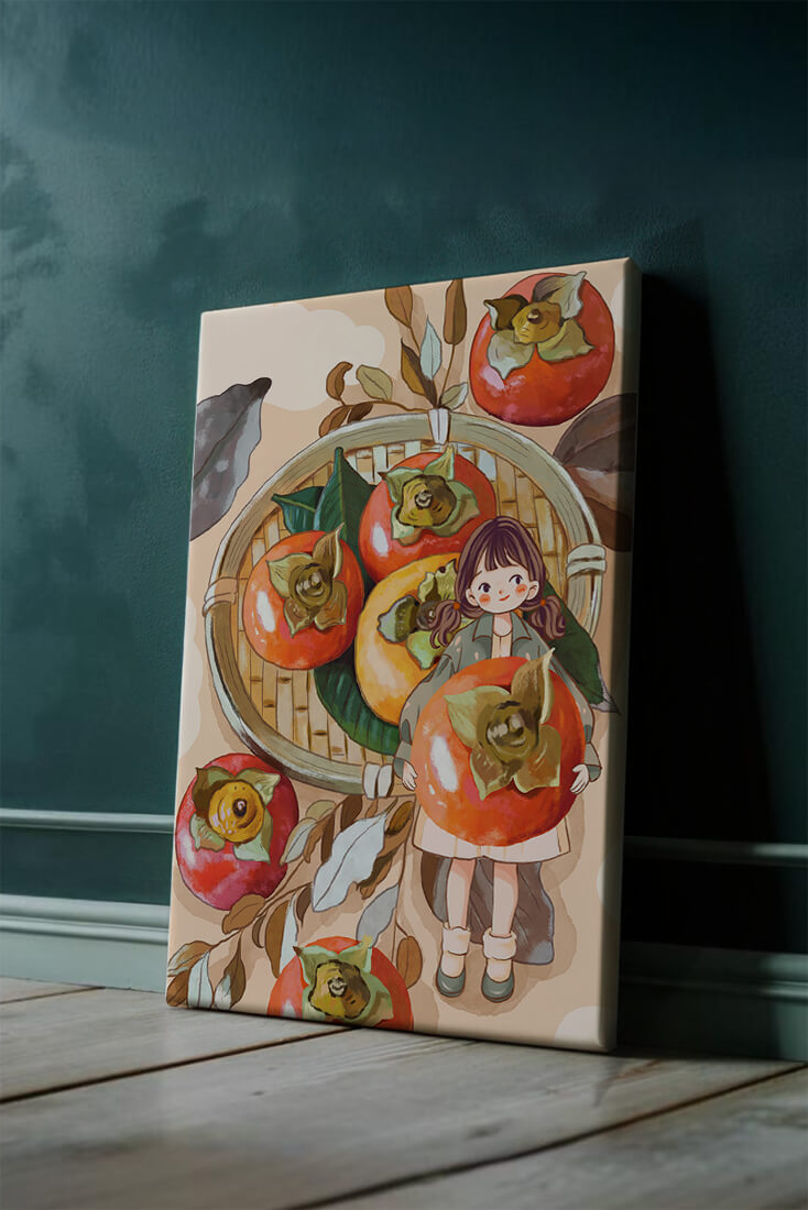 Joven sosteniendo un dátil en una escena de cosecha caprichosa