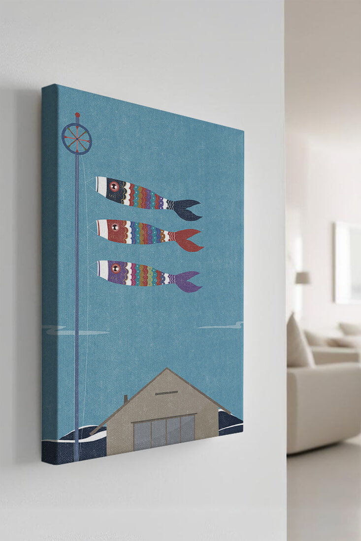 Colorful Koi Nobori Fish Flags Against Blue Sky