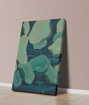 Green lily pads on a dark water background illustration