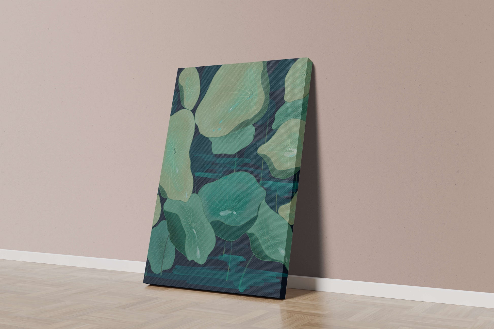 Green lily pads on a dark water background illustration