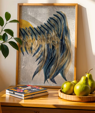 Abstract Composition with Blue and Gold Accents on Textured Background