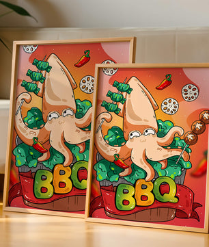 Calamar a la parrilla estilo caricatura peculiar con vegetales