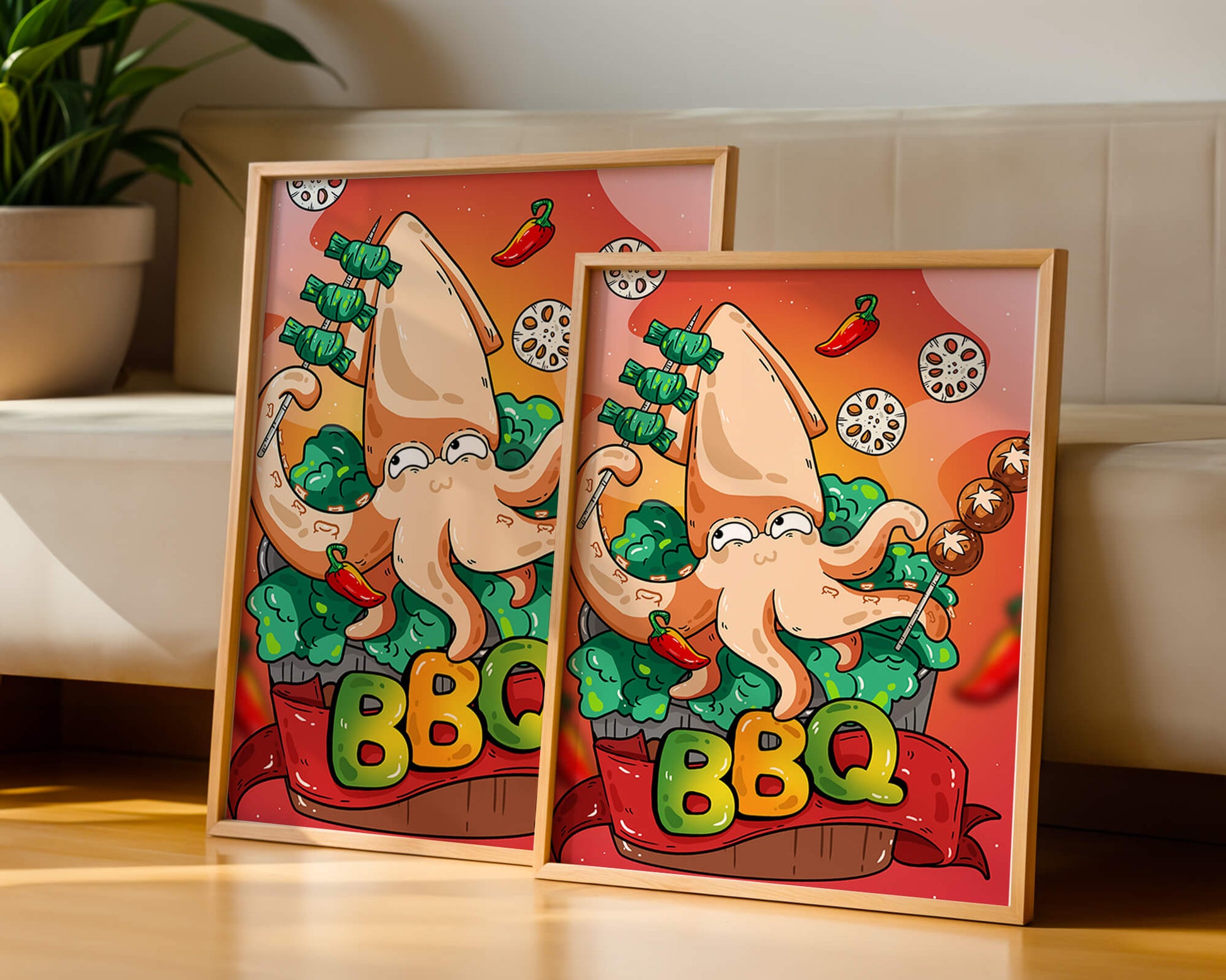 Quirky Cartoon Squid BBQ with Vegetables