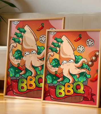Quirky Cartoon Squid BBQ with Vegetables