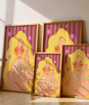 Ilustración abstracta de una mujer serena con el pelo largo y rubio y flores